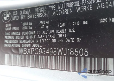 2008 BMW X3 3.0Si из США, поврежденный, VIN WBXPC93498WJ18505